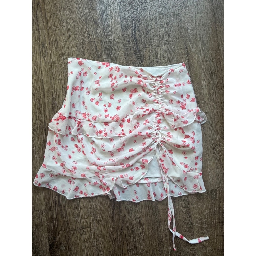 Princess Polly White Pink Floral Ruched Ruffle Mini Skirt Size US 8 AU 12